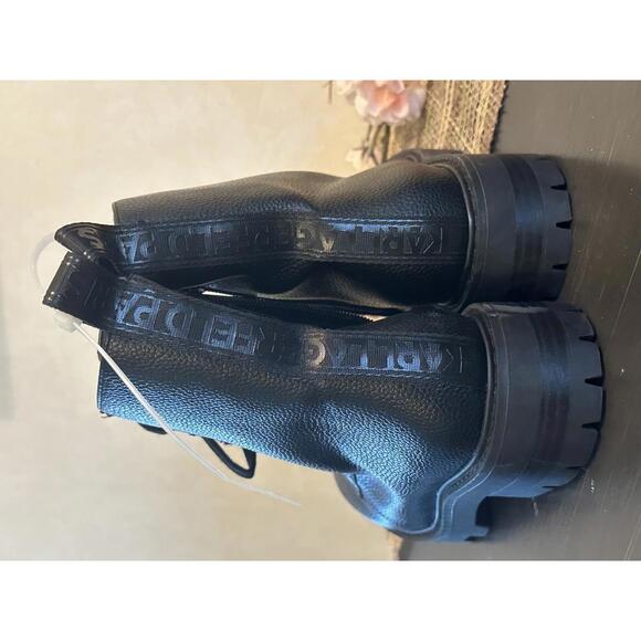 Karl Lagerfeld Black Leather Combat Boots with Logo Charm - Picture 2 of 4